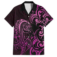 Pink Aotearoa Horse Racing Family Matching Short Sleeve Bodycon Dress and Hawaiian Shirt NZ Maori Pattern LT14 Dad's Shirt - Short Sleeve Pink - Polynesian Pride