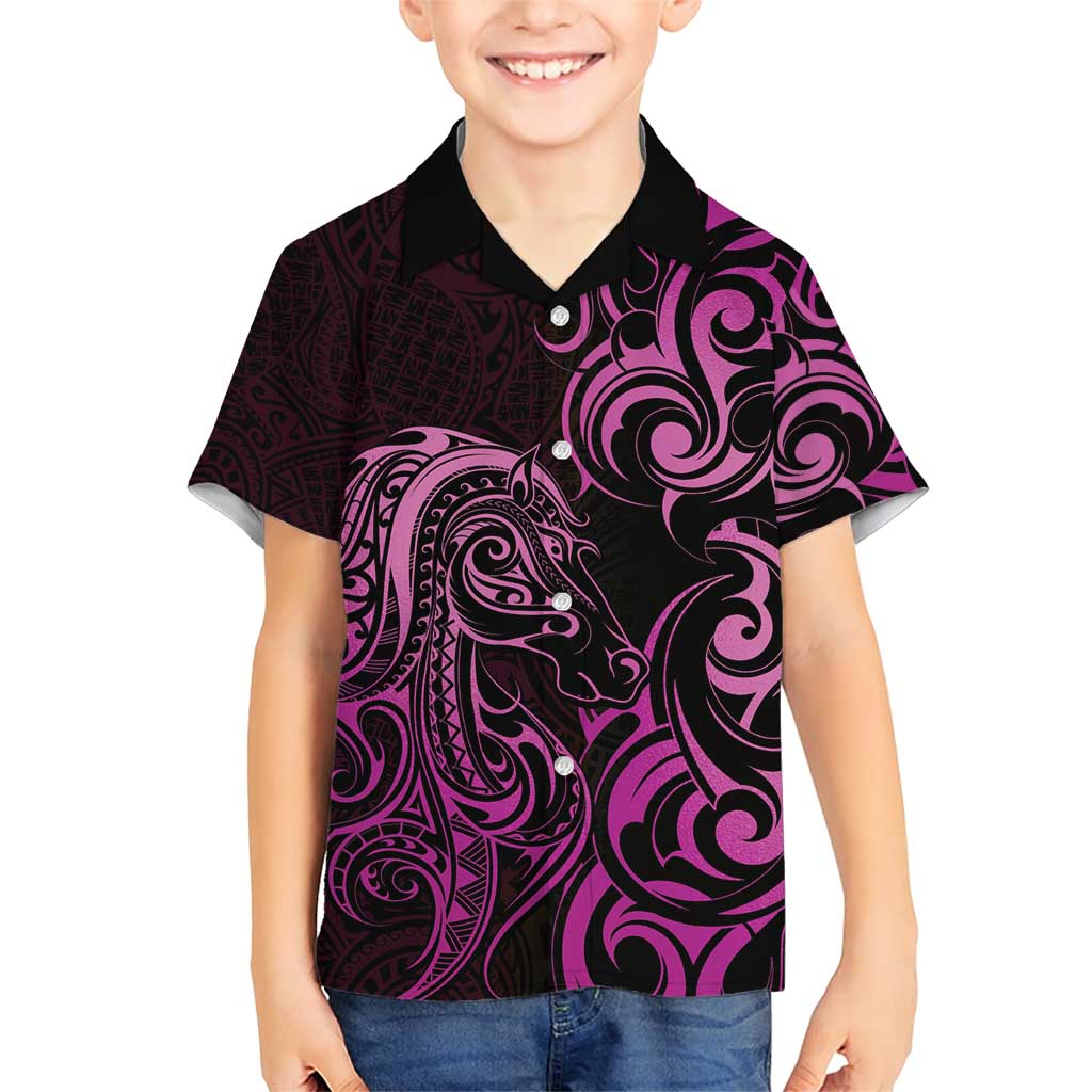 Pink Aotearoa Horse Racing Family Matching Short Sleeve Bodycon Dress and Hawaiian Shirt NZ Maori Pattern LT14 Son's Shirt Pink - Polynesian Pride