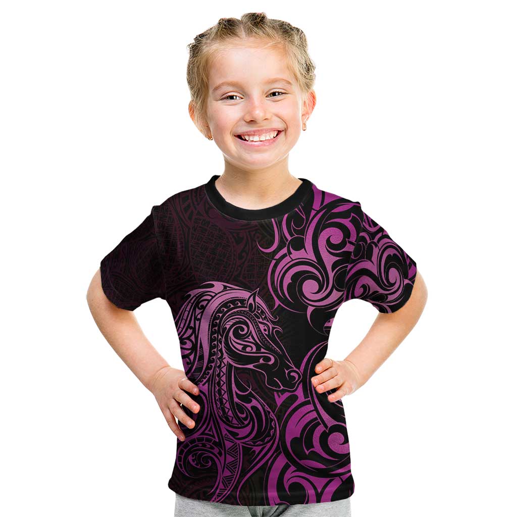 Pink Aoteara Horse Racing Kid T Shirt NZ Maori Pattern