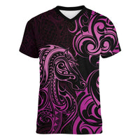 Pink Aoteara Horse Racing Women V-Neck T-Shirt NZ Maori Pattern