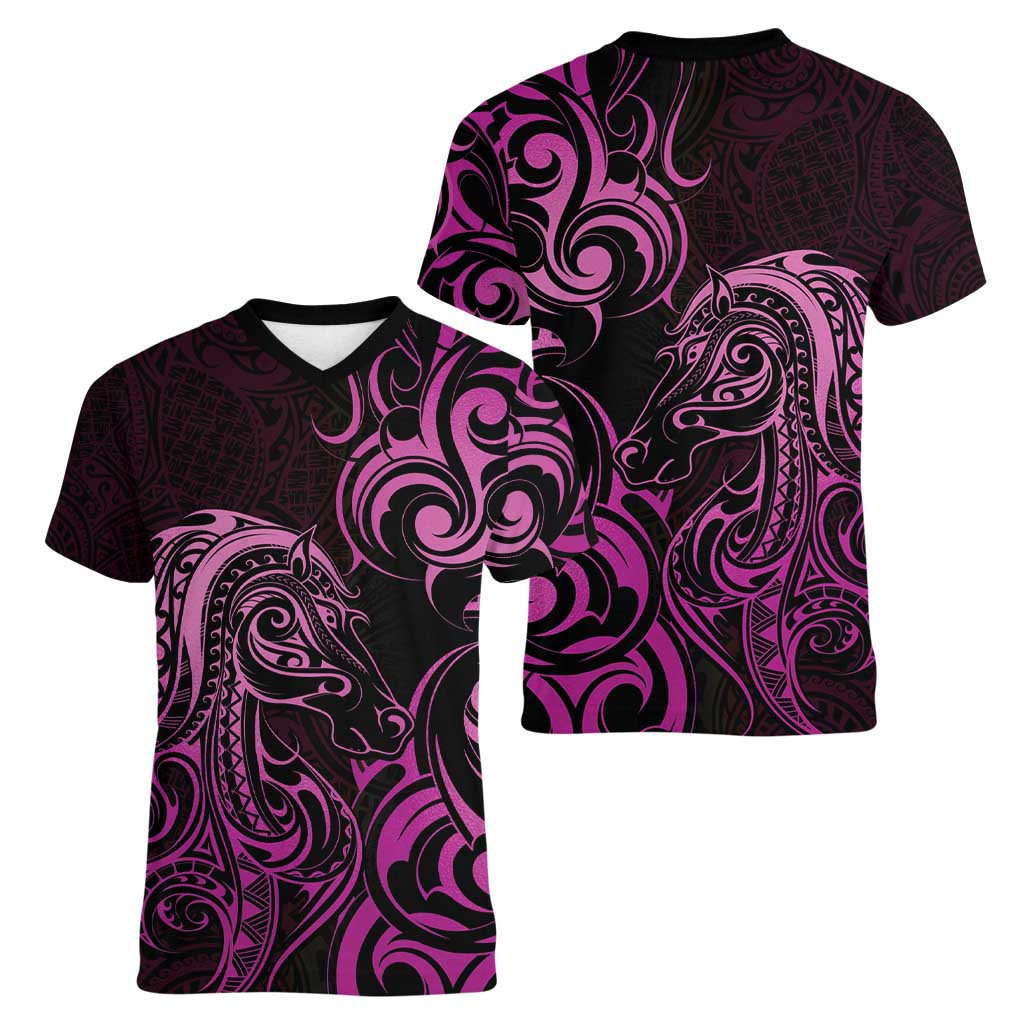 Pink Aoteara Horse Racing Women V-Neck T-Shirt NZ Maori Pattern