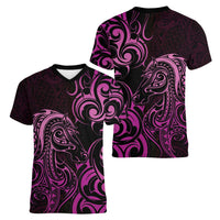 Pink Aoteara Horse Racing Women V-Neck T-Shirt NZ Maori Pattern