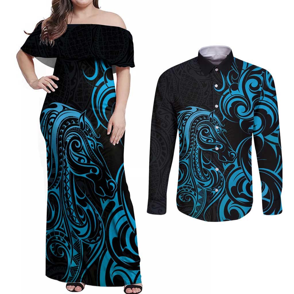 Blue Aoteara Horse Racing Couples Matching Off Shoulder Maxi Dress and Long Sleeve Button Shirt NZ Maori Pattern
