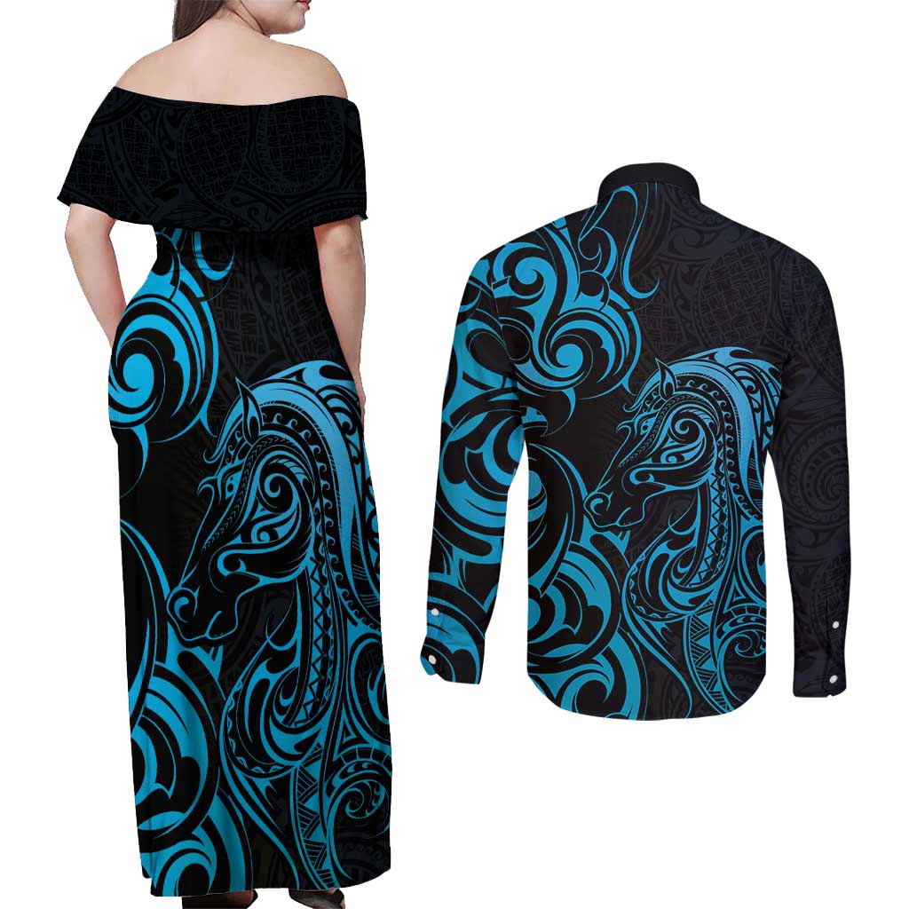 Blue Aoteara Horse Racing Couples Matching Off Shoulder Maxi Dress and Long Sleeve Button Shirt NZ Maori Pattern