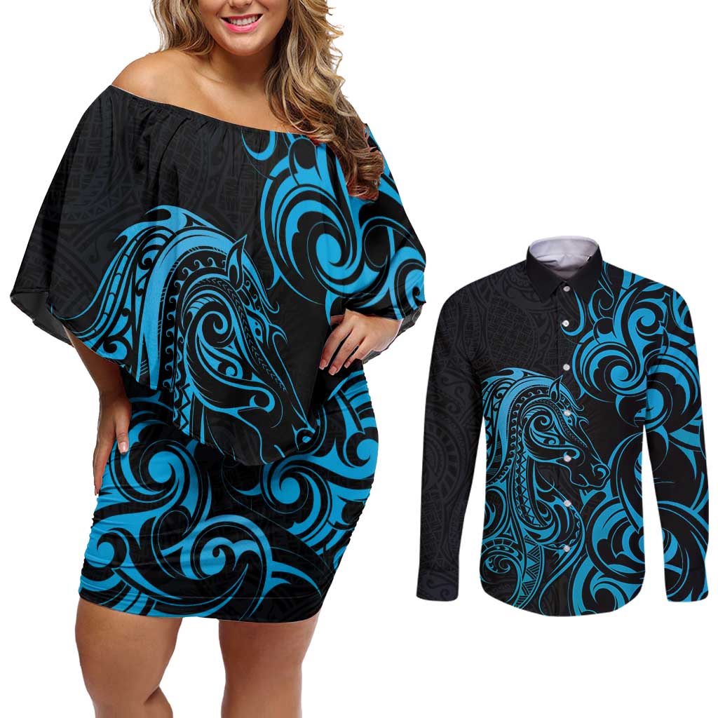 Blue Aoteara Horse Racing Couples Matching Off Shoulder Short Dress and Long Sleeve Button Shirt NZ Maori Pattern