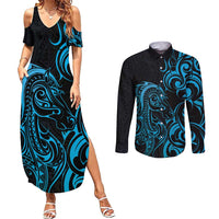 Blue Aoteara Horse Racing Couples Matching Summer Maxi Dress and Long Sleeve Button Shirt NZ Maori Pattern