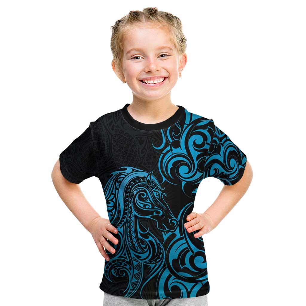 Blue Aoteara Horse Racing Kid T Shirt NZ Maori Pattern