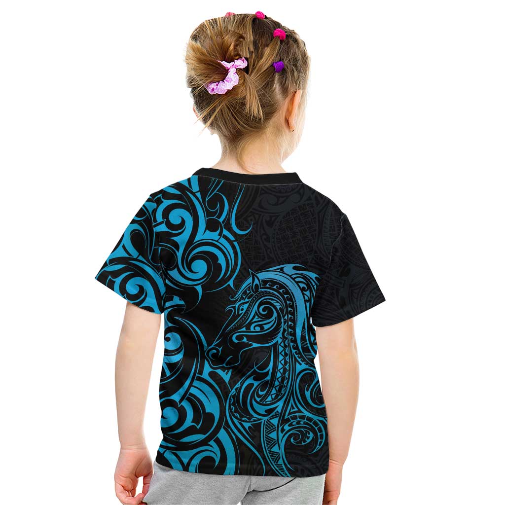 Blue Aoteara Horse Racing Kid T Shirt NZ Maori Pattern