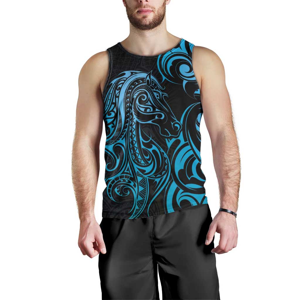 Blue Aoteara Horse Racing Men Tank Top NZ Maori Pattern