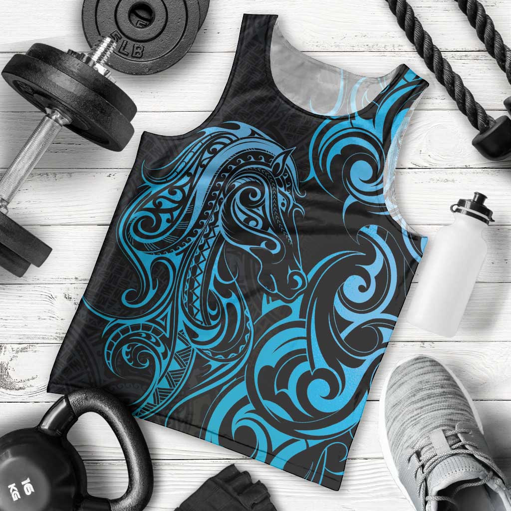 Blue Aoteara Horse Racing Men Tank Top NZ Maori Pattern