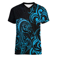 Blue Aoteara Horse Racing Women V-Neck T-Shirt NZ Maori Pattern