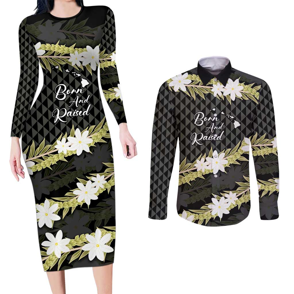 Born And Raised Aloha Hawaii Couples Matching Long Sleeve Bodycon Dress and Long Sleeve Button Shirt Kanaka Kakau Hawaiian Tiare Pakalana Lei LT14 Black - Polynesian Pride
