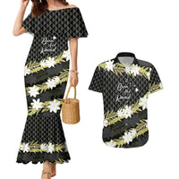Born And Raised Aloha Hawaii Couples Matching Mermaid Dress and Hawaiian Shirt Kanaka Kakau Hawaiian Tiare Pakalana Lei LT14 Black - Polynesian Pride