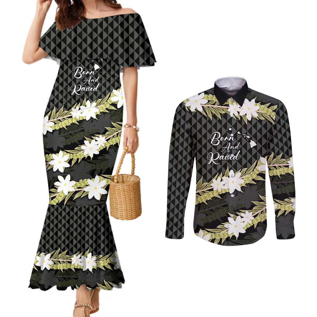 Born And Raised Aloha Hawaii Couples Matching Mermaid Dress and Long Sleeve Button Shirt Kanaka Kakau Hawaiian Tiare Pakalana Lei LT14 Black - Polynesian Pride