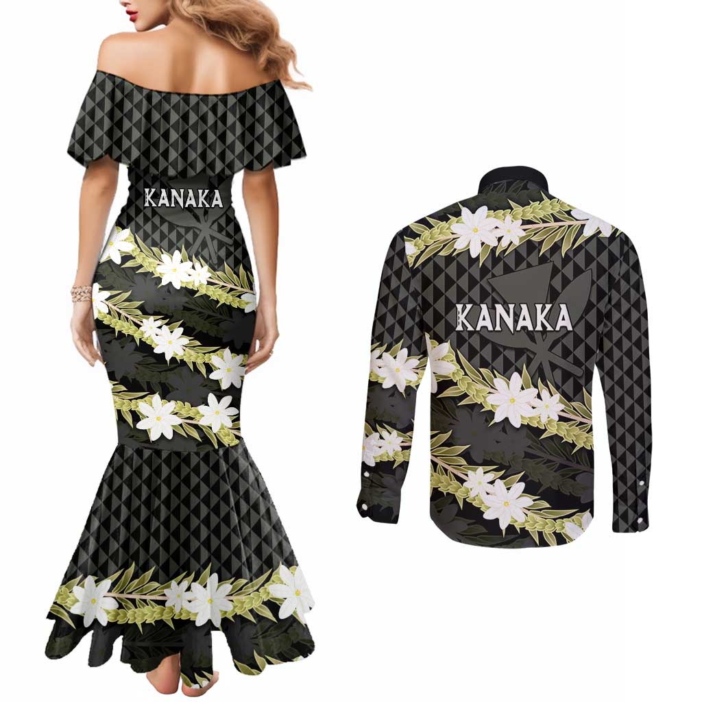 Born And Raised Aloha Hawaii Couples Matching Mermaid Dress and Long Sleeve Button Shirt Kanaka Kakau Hawaiian Tiare Pakalana Lei LT14 - Polynesian Pride
