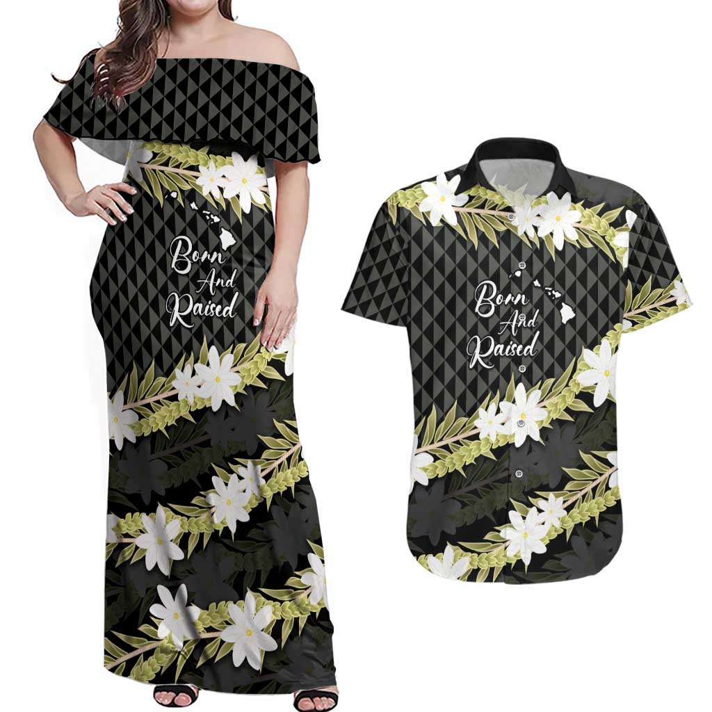 Born And Raised Aloha Hawaii Couples Matching Off Shoulder Maxi Dress and Hawaiian Shirt Kanaka Kakau Hawaiian Tiare Pakalana Lei LT14 Black - Polynesian Pride