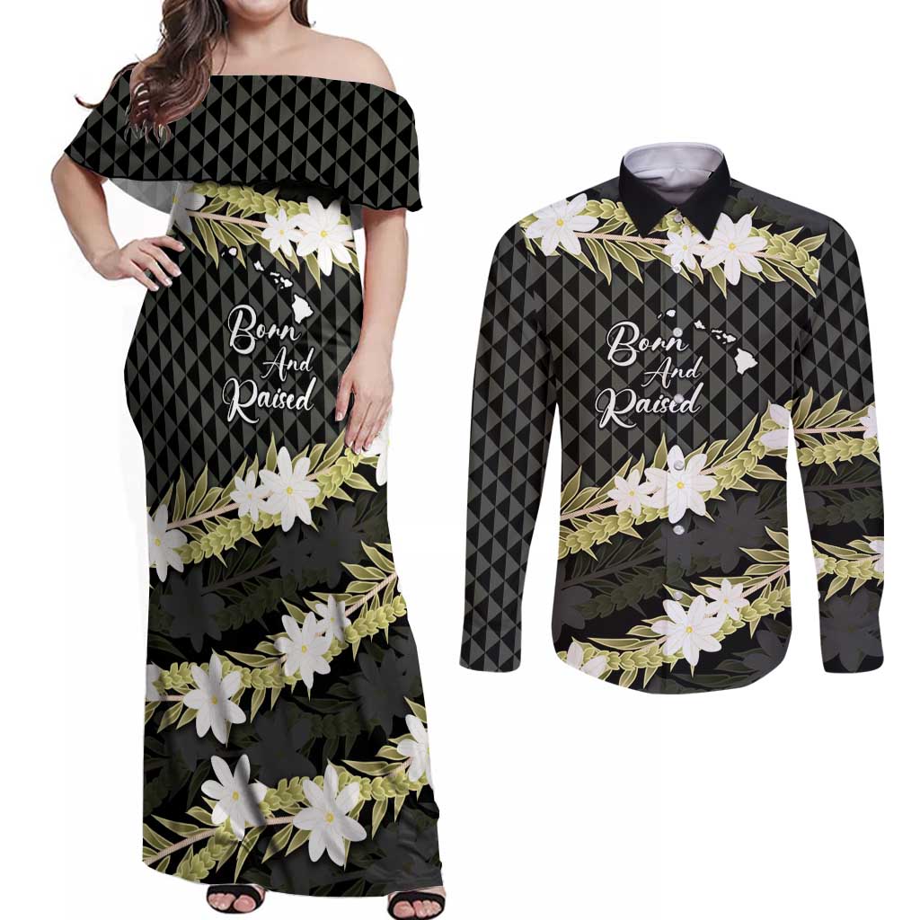 Born And Raised Aloha Hawaii Couples Matching Off Shoulder Maxi Dress and Long Sleeve Button Shirt Kanaka Kakau Hawaiian Tiare Pakalana Lei LT14 Black - Polynesian Pride
