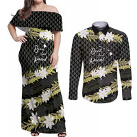 Born And Raised Aloha Hawaii Couples Matching Off Shoulder Maxi Dress and Long Sleeve Button Shirt Kanaka Kakau Hawaiian Tiare Pakalana Lei LT14 Black - Polynesian Pride