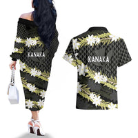 Born And Raised Aloha Hawaii Couples Matching Off The Shoulder Long Sleeve Dress and Hawaiian Shirt Kanaka Kakau Hawaiian Tiare Pakalana Lei LT14 - Polynesian Pride