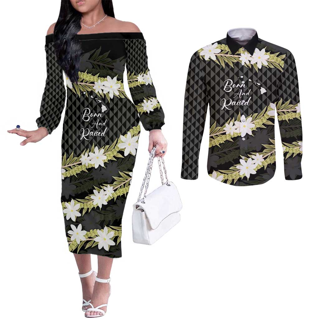 Born And Raised Aloha Hawaii Couples Matching Off The Shoulder Long Sleeve Dress and Long Sleeve Button Shirt Kanaka Kakau Hawaiian Tiare Pakalana Lei LT14 Black - Polynesian Pride