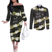 Born And Raised Aloha Hawaii Couples Matching Off The Shoulder Long Sleeve Dress and Long Sleeve Button Shirt Kanaka Kakau Hawaiian Tiare Pakalana Lei LT14 Black - Polynesian Pride