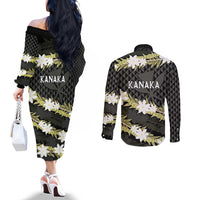 Born And Raised Aloha Hawaii Couples Matching Off The Shoulder Long Sleeve Dress and Long Sleeve Button Shirt Kanaka Kakau Hawaiian Tiare Pakalana Lei LT14 - Polynesian Pride