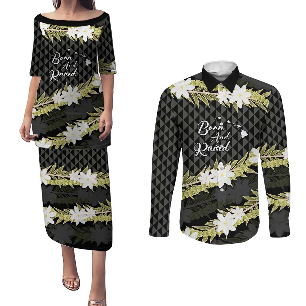 Born And Raised Aloha Hawaii Couples Matching Puletasi and Long Sleeve Button Shirt Kanaka Kakau Hawaiian Tiare Pakalana Lei LT14 Black - Polynesian Pride