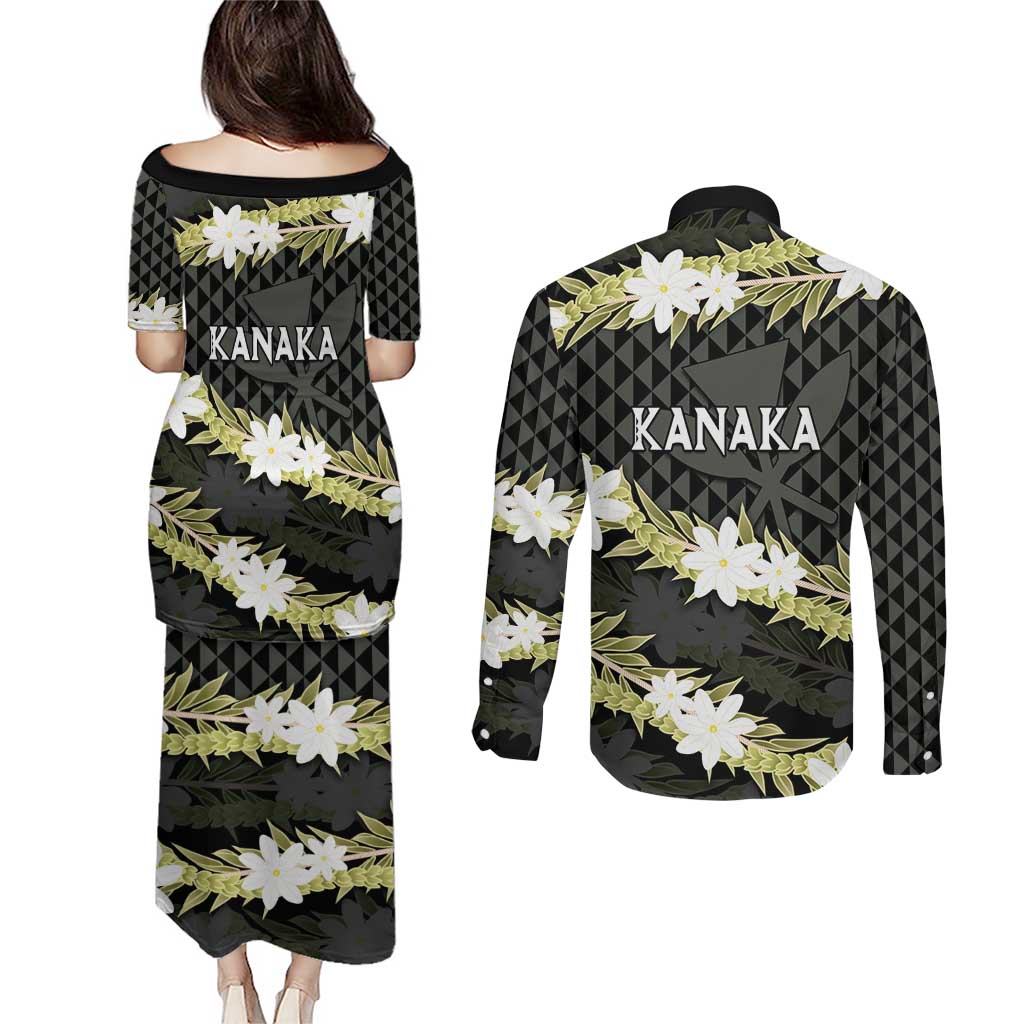 Born And Raised Aloha Hawaii Couples Matching Puletasi and Long Sleeve Button Shirt Kanaka Kakau Hawaiian Tiare Pakalana Lei LT14 - Polynesian Pride