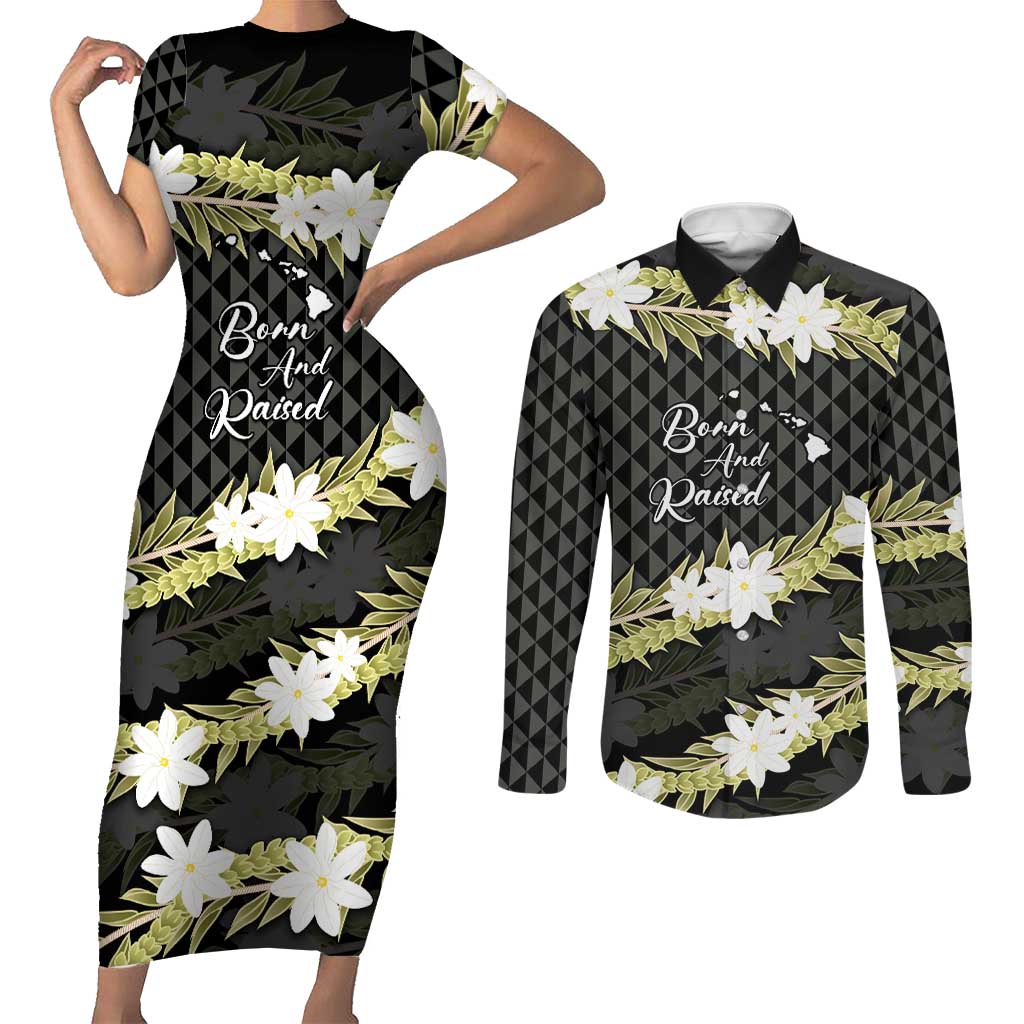Born And Raised Aloha Hawaii Couples Matching Short Sleeve Bodycon Dress and Long Sleeve Button Shirt Kanaka Kakau Hawaiian Tiare Pakalana Lei LT14 Black - Polynesian Pride
