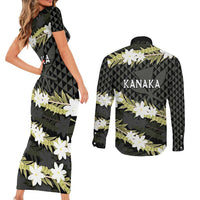 Born And Raised Aloha Hawaii Couples Matching Short Sleeve Bodycon Dress and Long Sleeve Button Shirt Kanaka Kakau Hawaiian Tiare Pakalana Lei LT14 - Polynesian Pride
