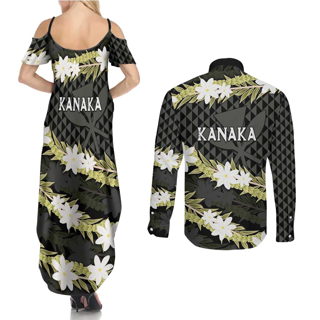 Born And Raised Aloha Hawaii Couples Matching Summer Maxi Dress and Long Sleeve Button Shirt Kanaka Kakau Hawaiian Tiare Pakalana Lei LT14 - Polynesian Pride