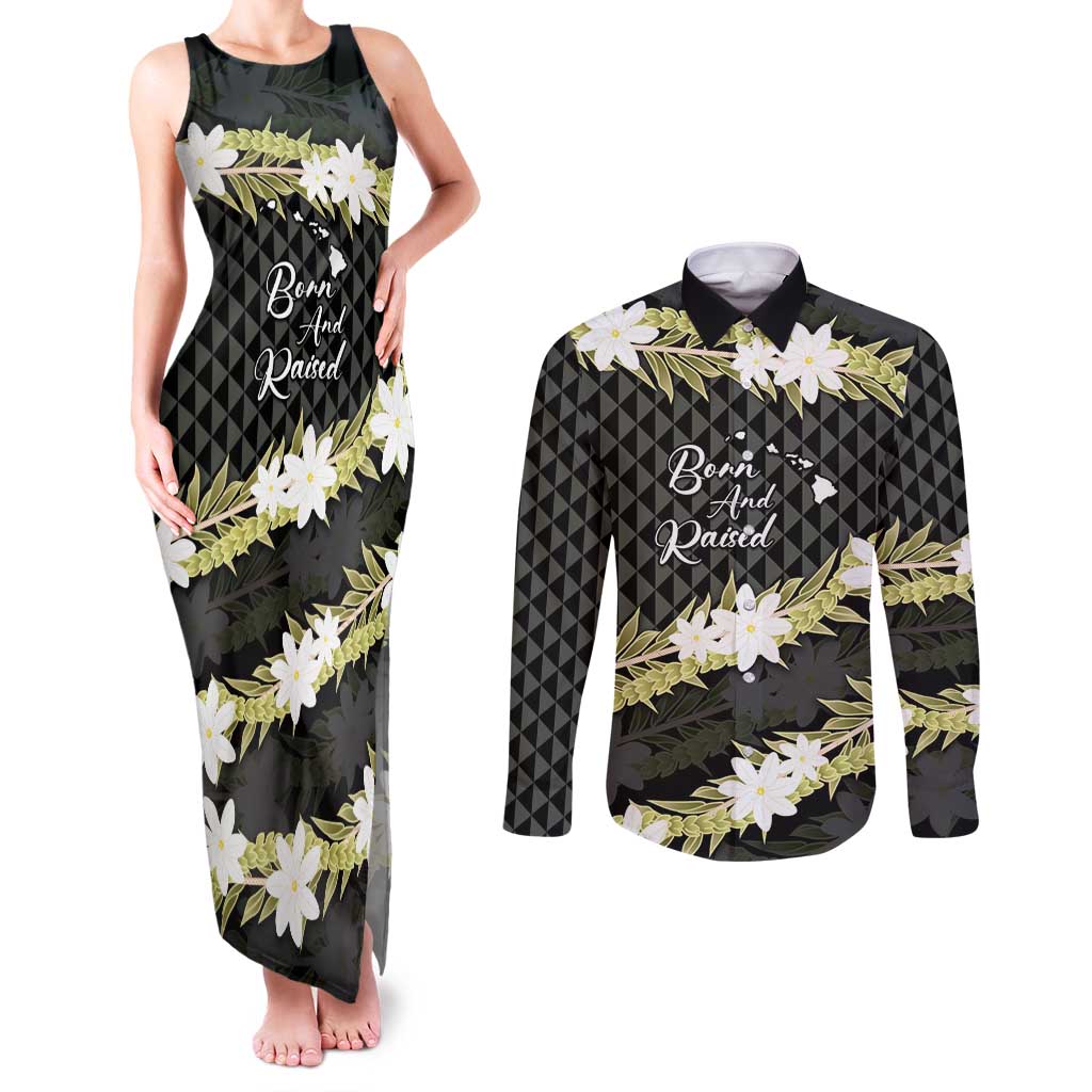 Born And Raised Aloha Hawaii Couples Matching Tank Maxi Dress and Long Sleeve Button Shirt Kanaka Kakau Hawaiian Tiare Pakalana Lei LT14 Black - Polynesian Pride