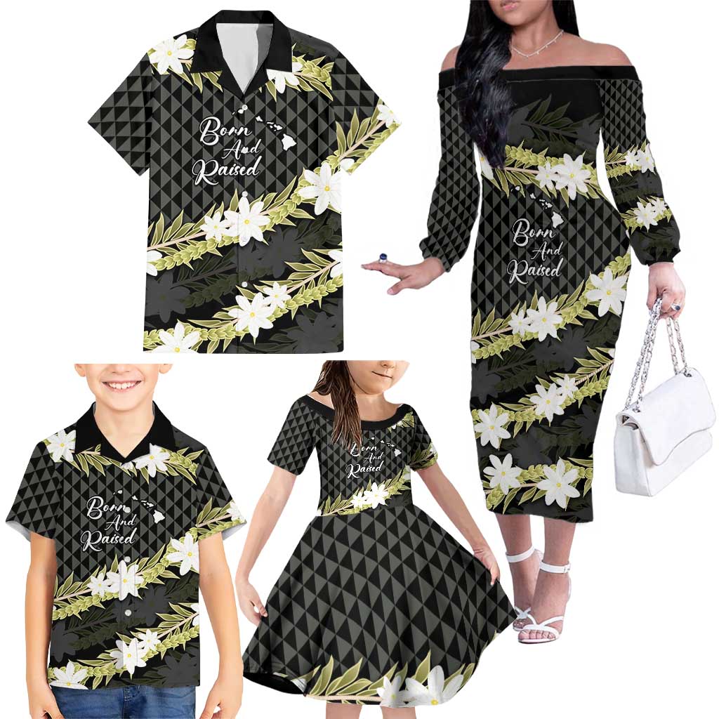 Born And Raised Aloha Hawaii Family Matching Off The Shoulder Long Sleeve Dress and Hawaiian Shirt Kanaka Kakau Hawaiian Tiare Pakalana Lei - Polynesian Pride