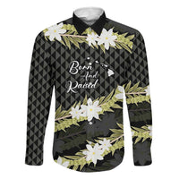 Born And Raised Aloha Hawaii Family Matching Off Shoulder Short Dress and Hawaiian Shirt Kanaka Kakau Hawaiian Tiare Pakalana Lei LT14 Dad's Shirt - Long Sleeve Black - Polynesian Pride