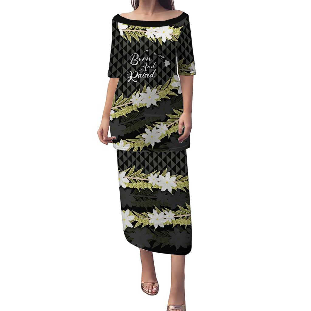 Born And Raised Aloha Hawaii Family Matching Puletasi and Hawaiian Shirt Kanaka Kakau Hawaiian Tiare Pakalana Lei LT14 Mom's Dress Black - Polynesian Pride