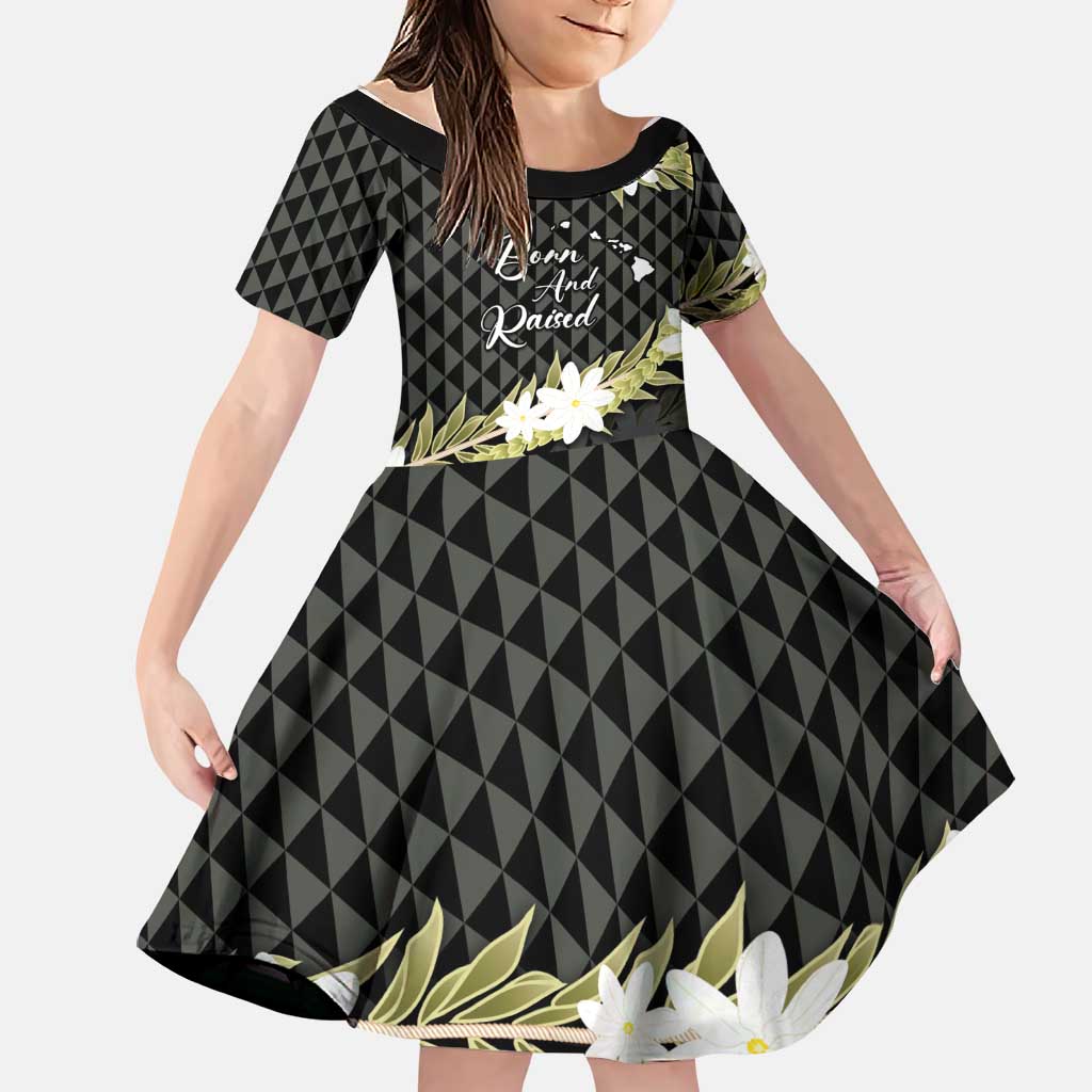Born And Raised Aloha Hawaii Family Matching Summer Maxi Dress and Hawaiian Shirt Kanaka Kakau Hawaiian Tiare Pakalana Lei LT14 Daughter's Dress Black - Polynesian Pride
