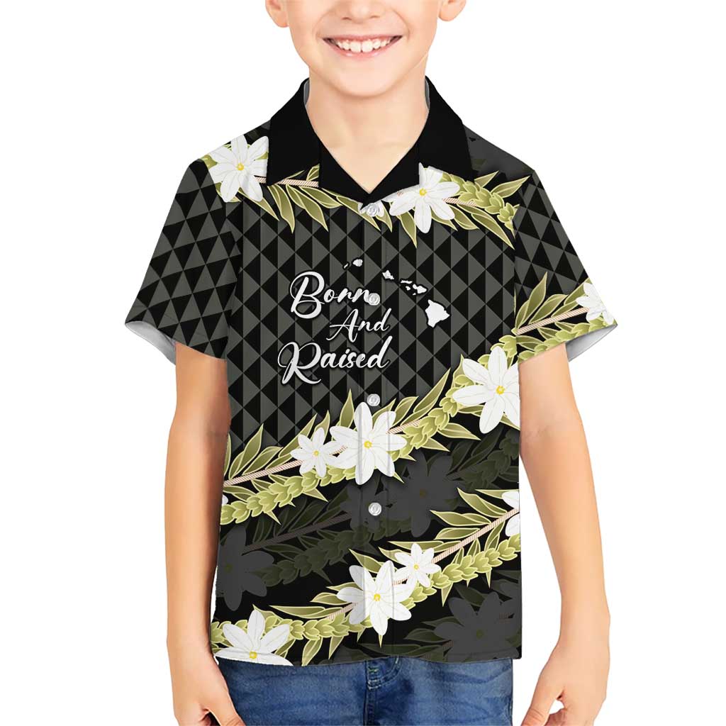 Born And Raised Aloha Hawaii Kid Hawaiian Shirt Kanaka Kakau Hawaiian Tiare Pakalana Lei LT14 Kid Black - Polynesian Pride