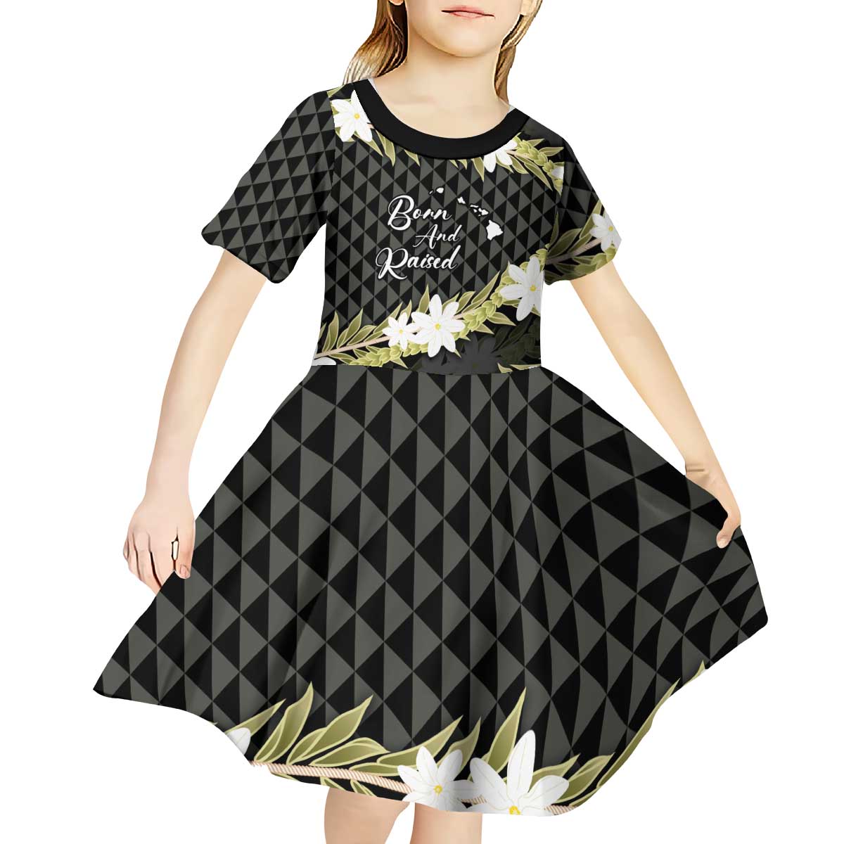 Born And Raised Aloha Hawaii Kid Short Sleeve Dress Kanaka Kakau Hawaiian Tiare Pakalana Lei LT14 - Polynesian Pride