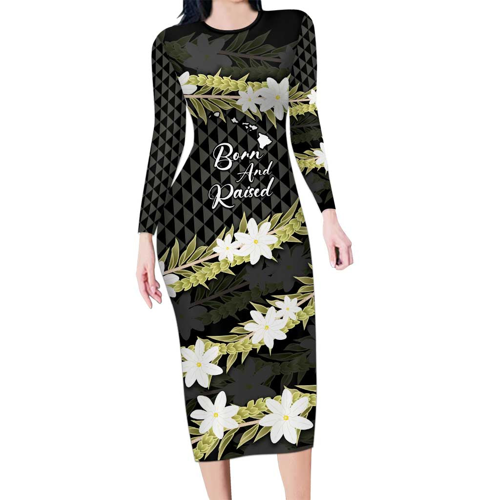 Born And Raised Aloha Hawaii Long Sleeve Bodycon Dress Kanaka Kakau Hawaiian Tiare Pakalana Lei LT14 Long Dress Black - Polynesian Pride