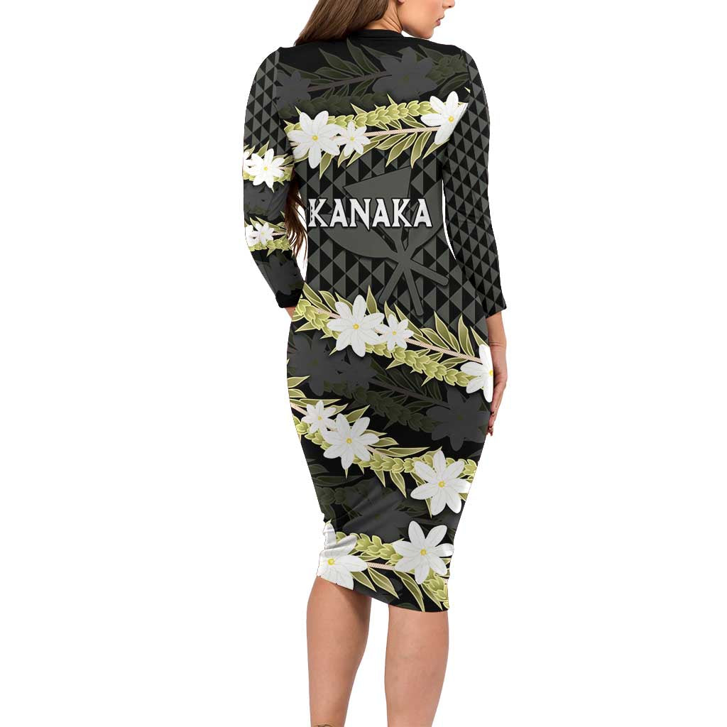Born And Raised Aloha Hawaii Long Sleeve Bodycon Dress Kanaka Kakau Hawaiian Tiare Pakalana Lei LT14 - Polynesian Pride