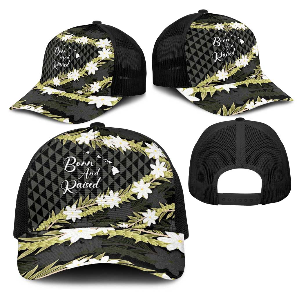 Born And Raised Aloha Hawaii Mesh Trucker Cap Kanaka Kakau Hawaiian Tiare Pakalana Lei - Polynesian Pride