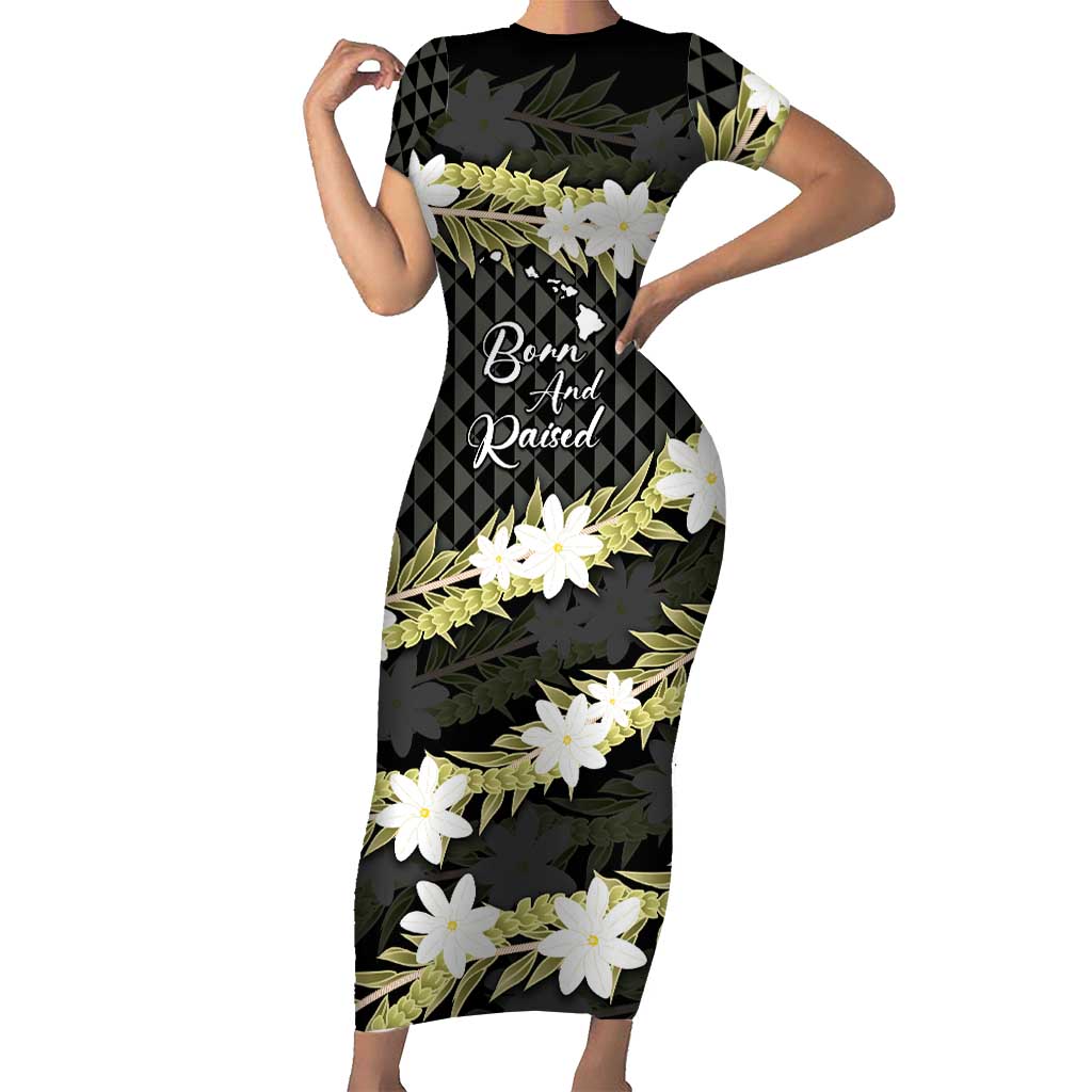 Born And Raised Aloha Hawaii Short Sleeve Bodycon Dress Kanaka Kakau Hawaiian Tiare Pakalana Lei LT14 Long Dress Black - Polynesian Pride