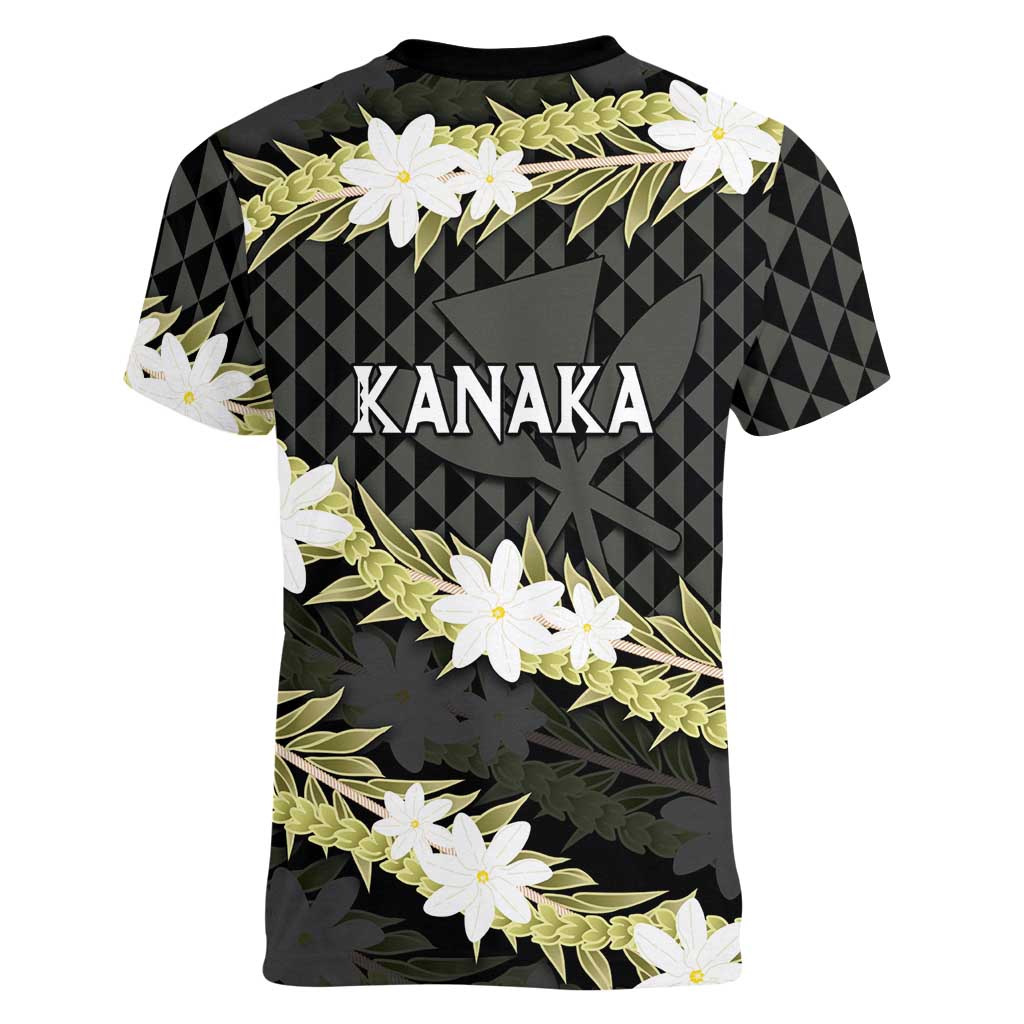 Born And Raised Aloha Hawaii Women V-Neck T-Shirt Kanaka Kakau Hawaiian Tiare Pakalana Lei LT14 - Polynesian Pride
