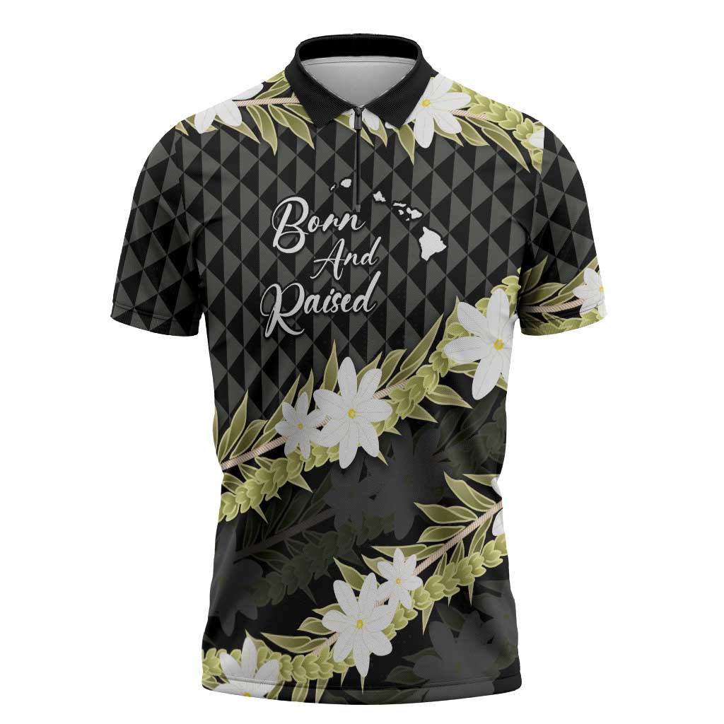 Born And Raised Aloha Hawaii Zipper Polo Shirt Kanaka Kakau Hawaiian Tiare Pakalana Lei LT14 Black - Polynesian Pride