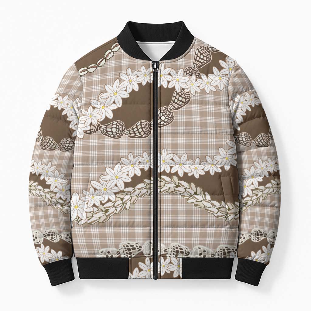 Brown Hawaii Tiare and Shell Lei Bomber Puffer Jacket Hawaiian Palaka Luxury Vibes - Polynesian Pride
