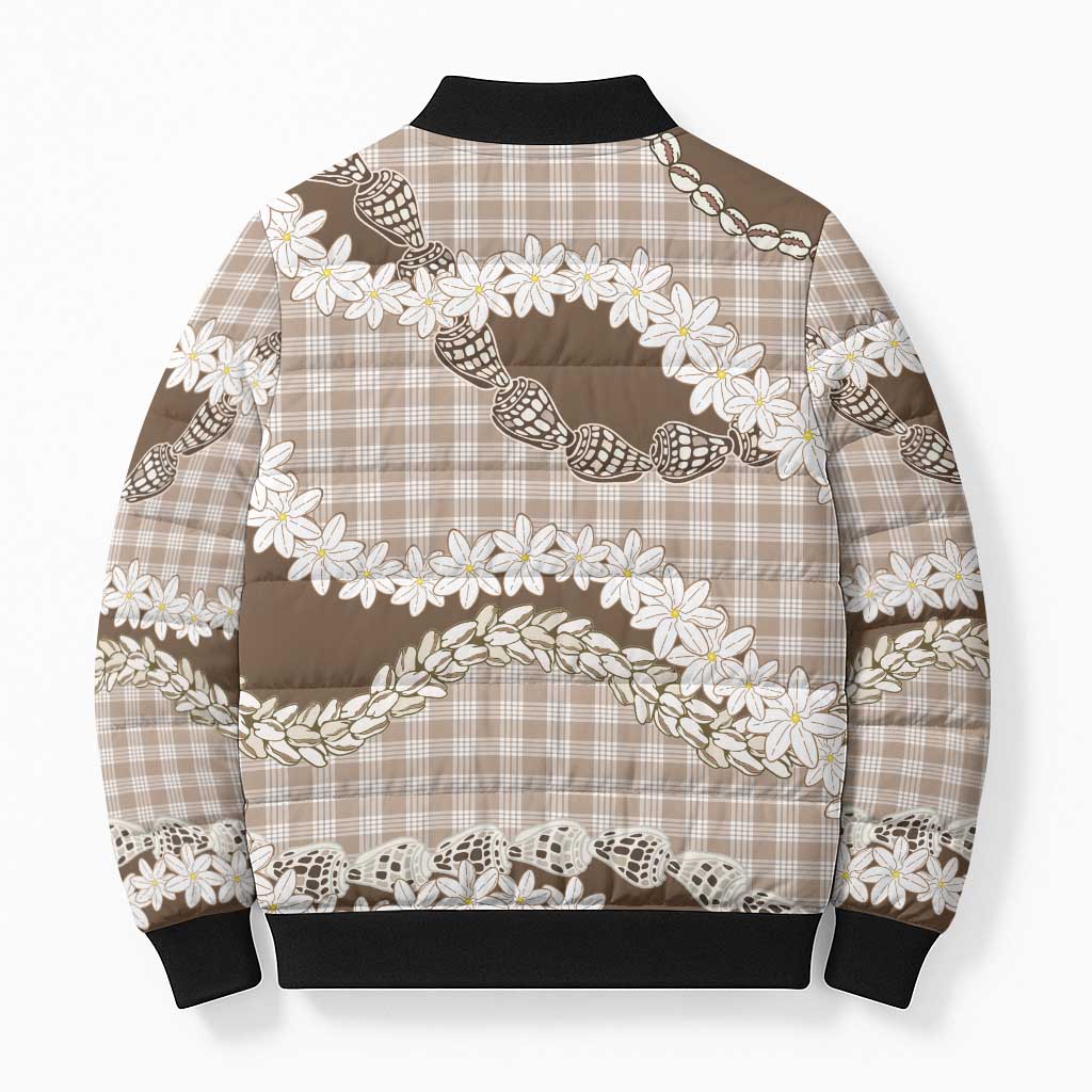 Brown Hawaii Tiare and Shell Lei Bomber Puffer Jacket Hawaiian Palaka Luxury Vibes - Polynesian Pride