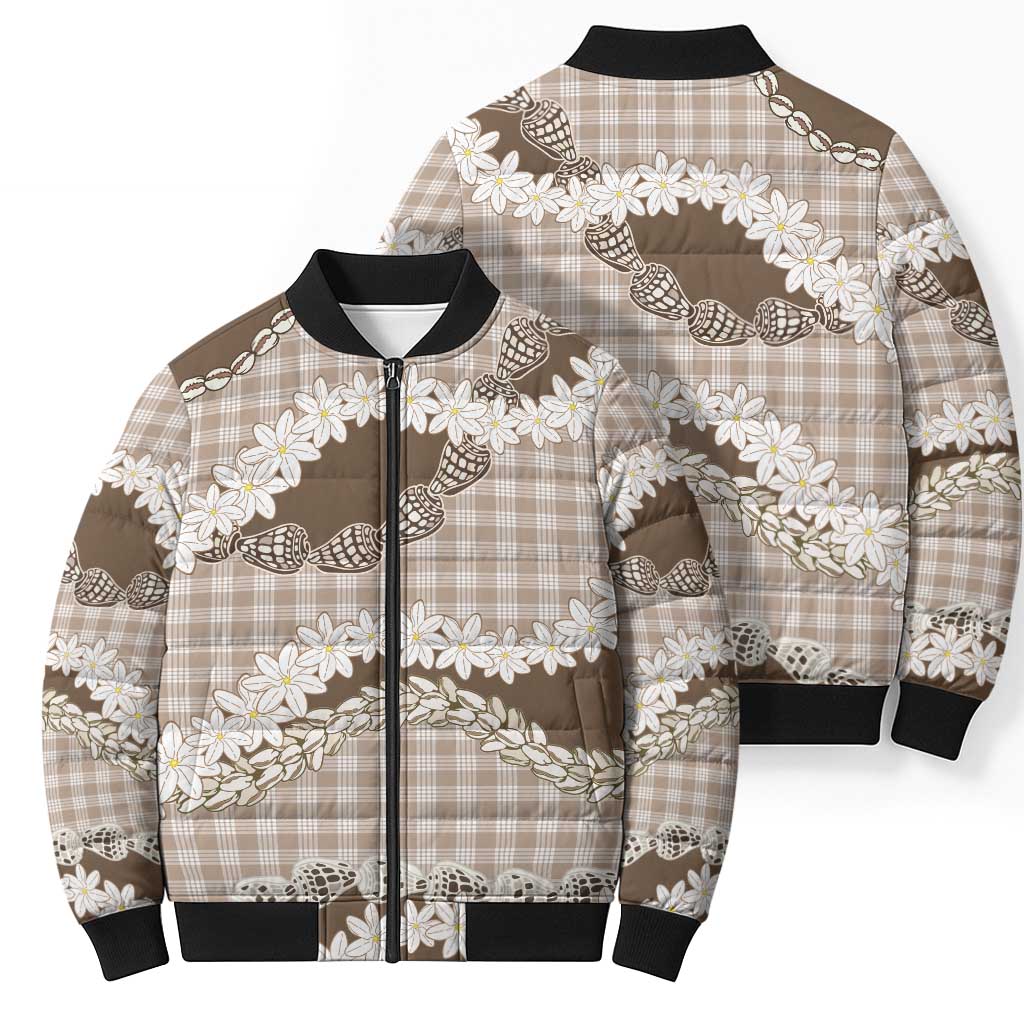 Brown Hawaii Tiare and Shell Lei Bomber Puffer Jacket Hawaiian Palaka Luxury Vibes - Polynesian Pride