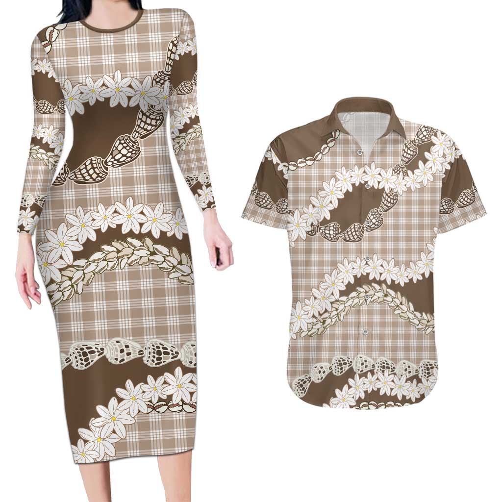 Brown Hawaii Tiare and Shell Lei Couples Matching Long Sleeve Bodycon Dress and Hawaiian Shirt Hawaiian Palaka Luxury Vibes LT14 Brown - Polynesian Pride