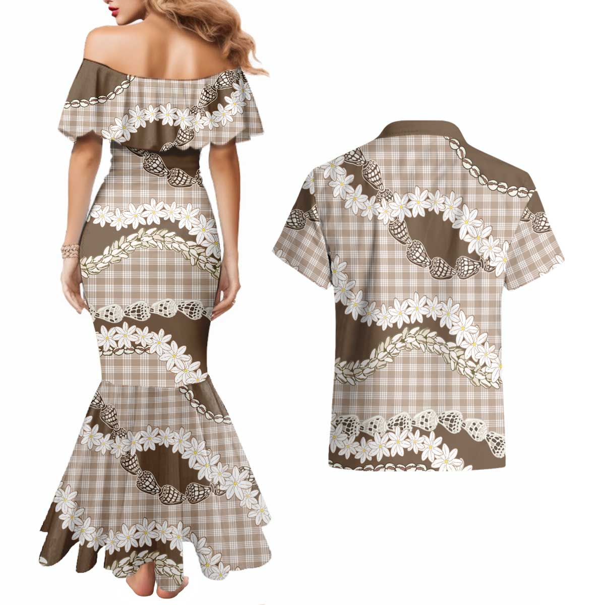 Brown Hawaii Tiare and Shell Lei Couples Matching Mermaid Dress and Hawaiian Shirt Hawaiian Palaka Luxury Vibes - Polynesian Pride