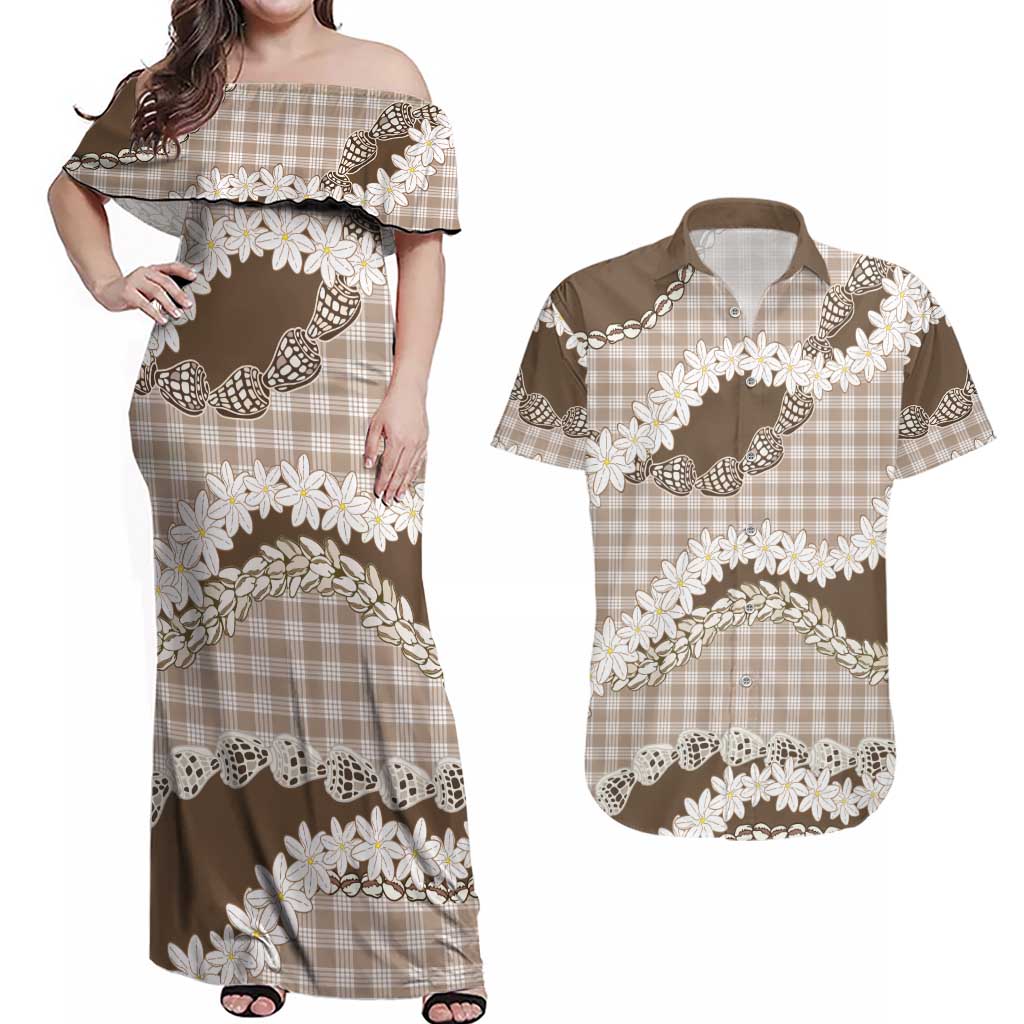 Brown Hawaii Tiare and Shell Lei Couples Matching Off Shoulder Maxi Dress and Hawaiian Shirt Hawaiian Palaka Luxury Vibes - Polynesian Pride
